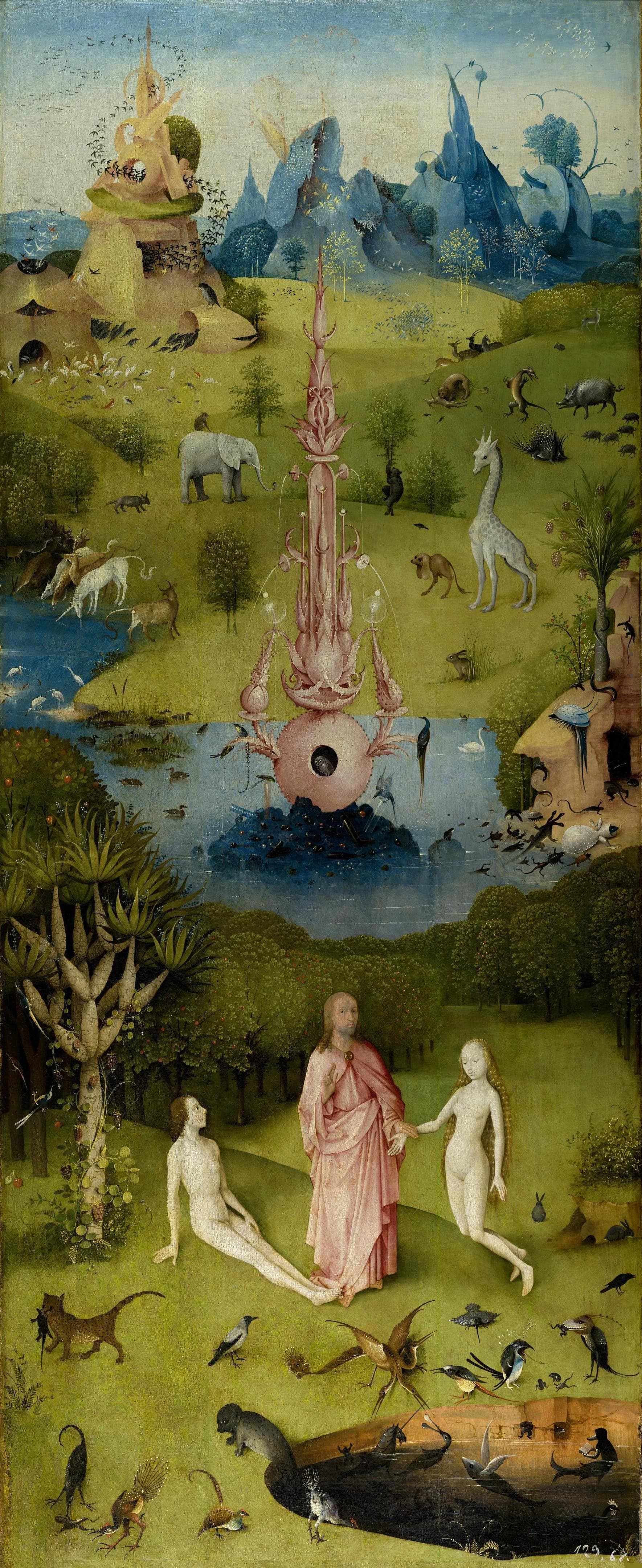 The left panel of Hieronymus Bosch’s The Garden of Earthly Delights, depicting the Garden of Eden. The scene features God presenting Eve to Adam, surrounded by animals, birds, and fantastical landscapes, with lush greenery, a surreal pink fountain, and distant blue mountains.