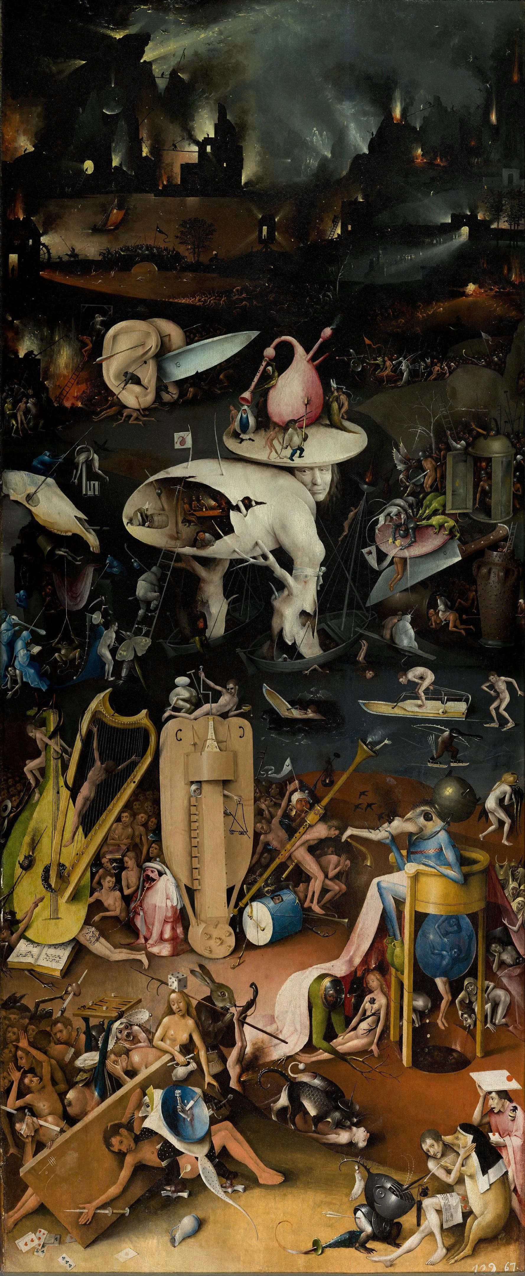 The right panel of Hieronymus Bosch’s The Garden of Earthly Delights, depicting a nightmarish and chaotic vision of hell. The scene is filled with dark landscapes, burning buildings, monstrous creatures, tormented human figures, and surreal, disturbing imagery of punishment and despair.