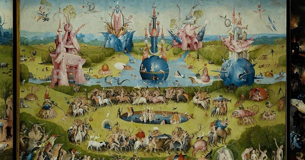 A vibrant and surreal triptych painting with three panels. The left panel depicts a lush, dreamlike Garden of Eden with Adam and Eve, animals, and fantastical architecture. The central panel is crowded with nude human figures engaged in various playful, sensual, and bizarre activities among oversized fruits, birds, and fantastical creatures, set in a lush green landscape. The right panel is dark and chaotic, filled with nightmarish imagery of torment, bizarre hybrid creatures, and twisted instruments in a hellish landscape.