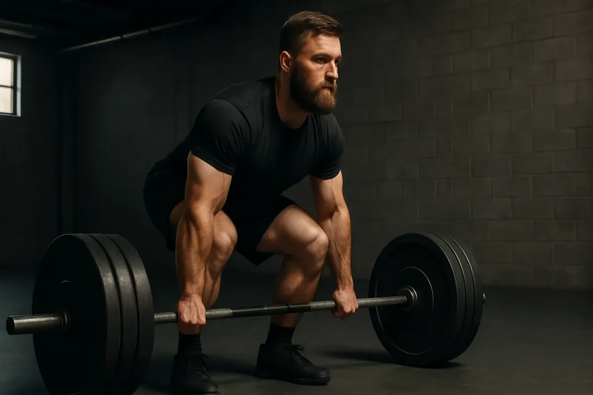 A muscular man performing a deadlift with a loaded barbell in a gym, demonstrating proper form and focus.