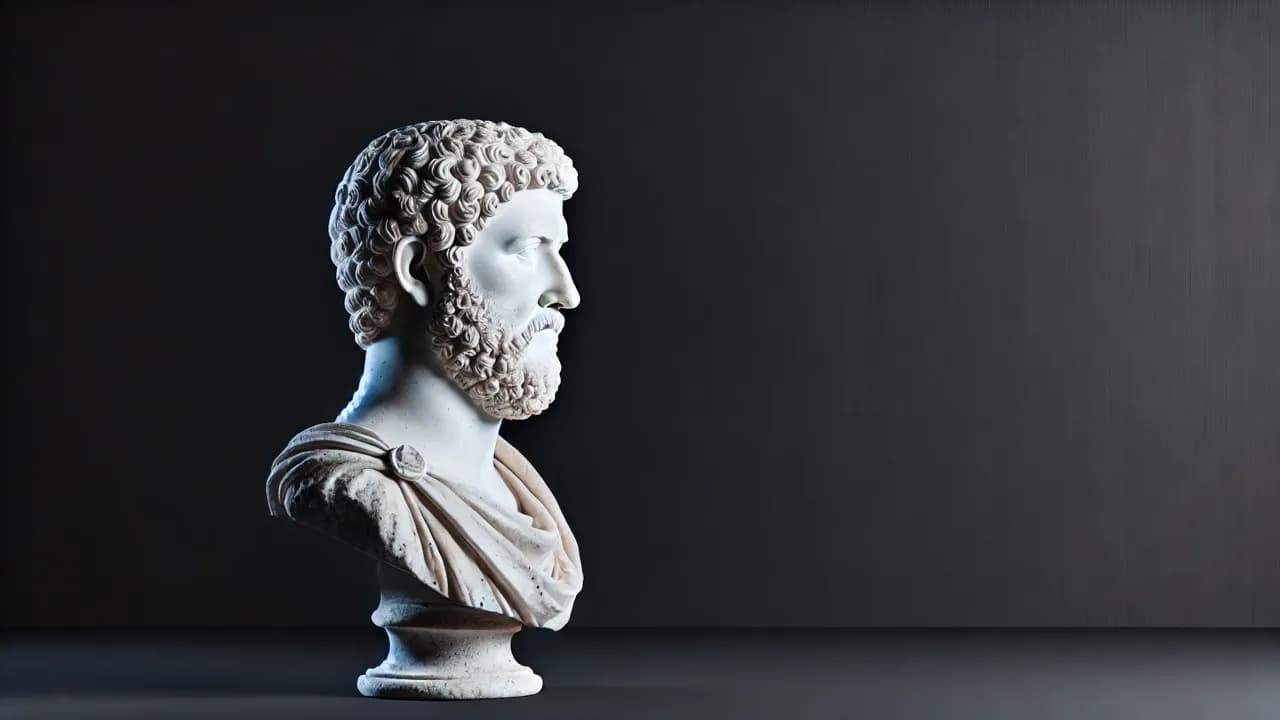 AI-generated image of a marble bust resembling Marcus Aurelius, facing left against a dark background